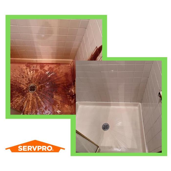 before and after of rusty shower from broken water pipe