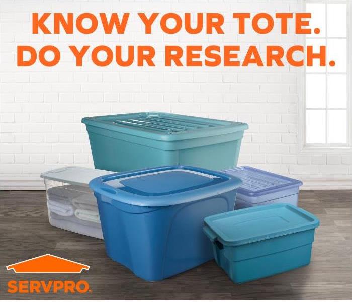 Totes with orange font saying "know your tote. Do your research" and SERVPRO logo