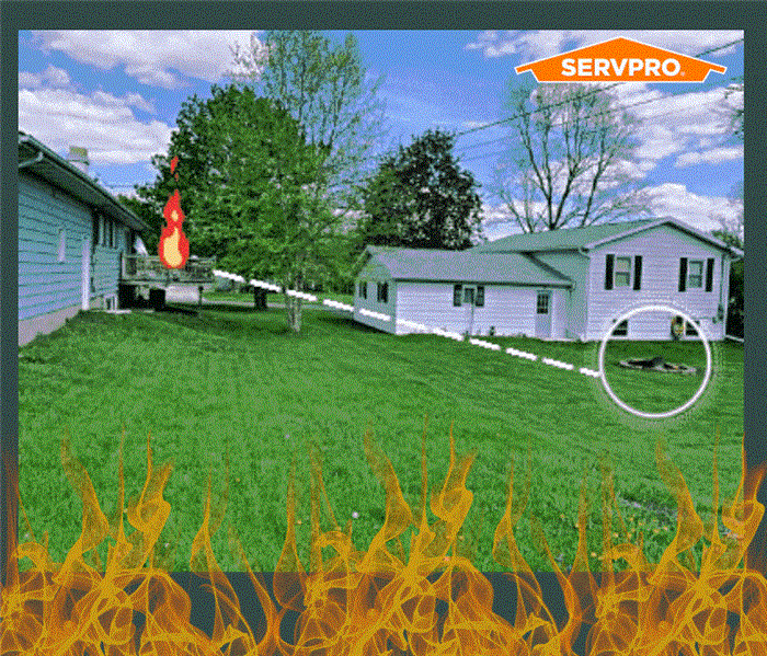 Photo of outside of houses showing firepit with a line to a deck on fire