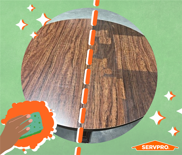 Before and after of dirty wood table on green background with orange dotted lin