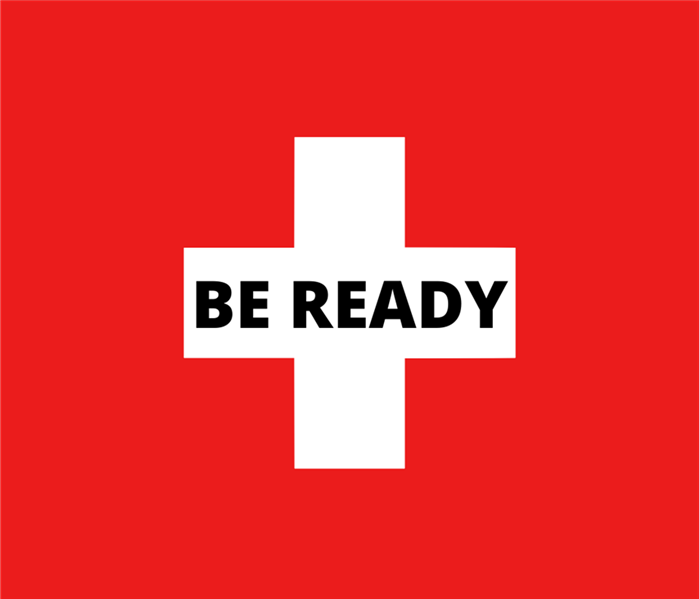 white cross with a red background and the words "be ready".