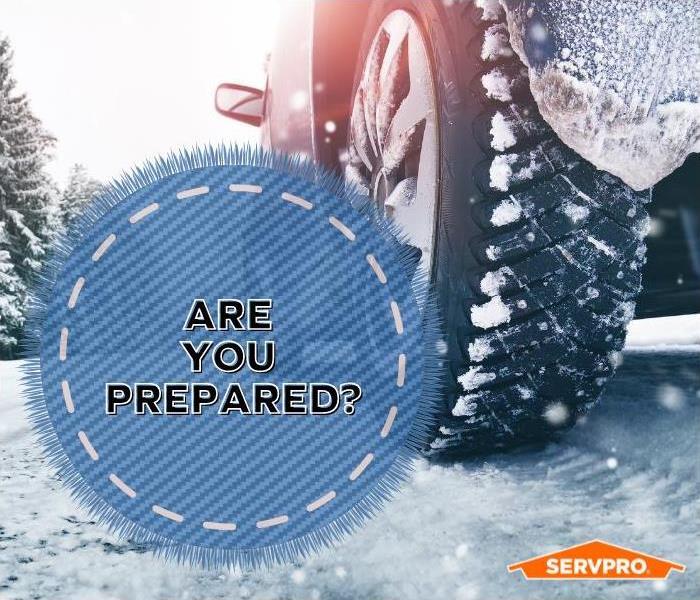 Car wheel in snow, with text "are you prepared?" in blue circle